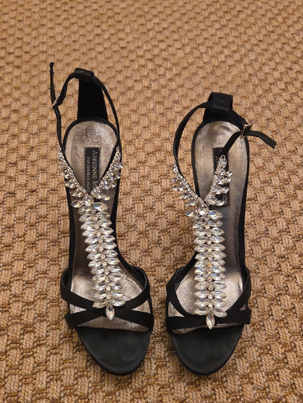 Adrienne Vittadini Black Crystal T-Strap Heels